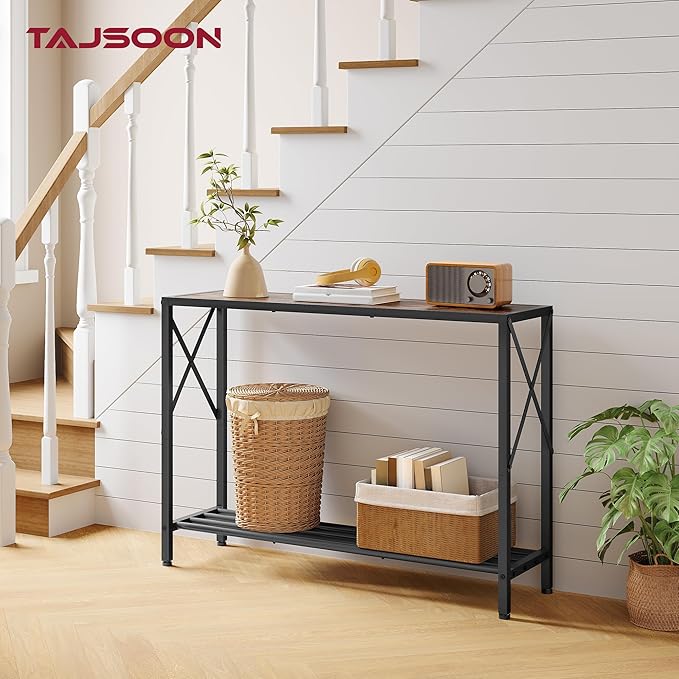 Tajsoon Console Table 41.8”, 2-Tier Industrial entryway Table, Narrow Sofa Table with Shelves, Entrance Table for Entryway, Hallway, Living Room, Foyer, Corridor, Office, Rustic Brown