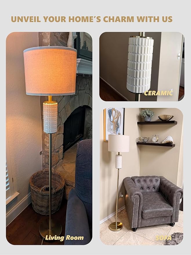 PoKat Gold Ceramic Floor Lamp for Living Room Bedroom, 64" Modern Standing Lamp with Rotary Switch, Tall Living Room Lamp Decor for Reading Corner, Home Office, Nursery, Brushed Gold