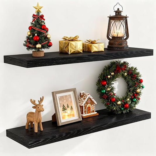 40 Inch Floating Shelves for Wall, 9.3 Inch Deep Shelves for Books & Decor, Wall-Mounted Floating Shelf 40 Inch Long Set of 2, Rustic Wooden Shelf for Living Room, Bedroom, Kitchen, Black