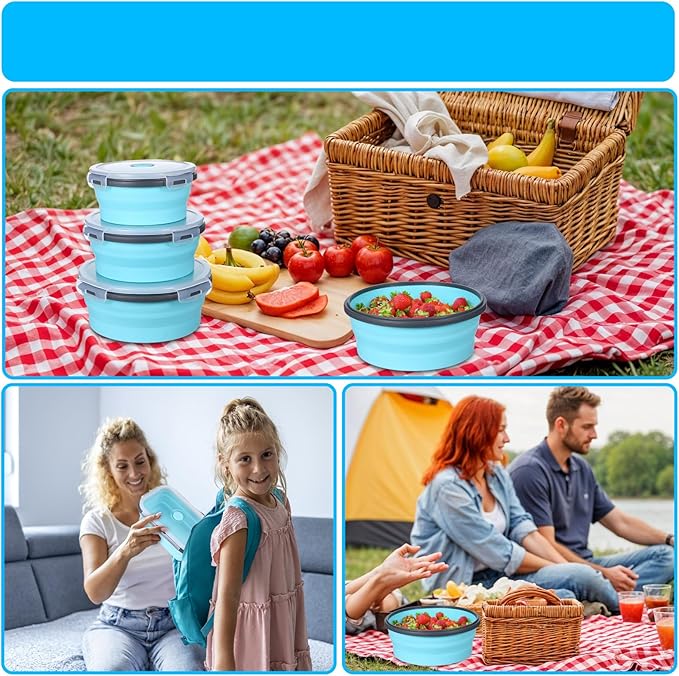 6 Pieces Collapsible Food Storage Containers Foldable Silicone Lunch Containers with Lids, 3 Pcs Silicone Rectangle Collapsible Bowls and 3 Pcs Round Food Bowls, Microwave Freezer and Dishwasher Safe