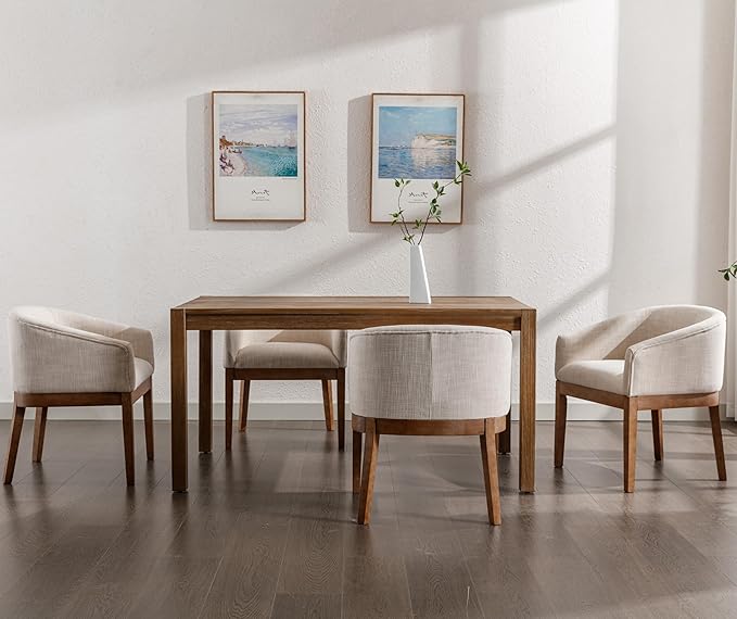 Dining Chairs Set of 6 Mid-Century Modern Dining Chairs, Linen Upholstered Kitchen Dining Room Chairs, Curved Backrest Dining Chair with Wood Legs, Beige