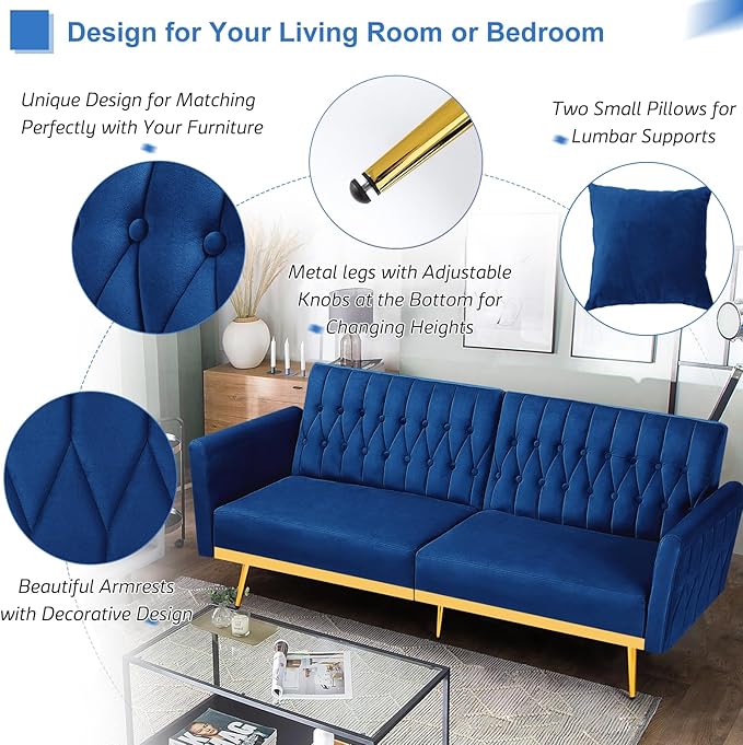 70” Velvet Futon Sofa Bed w/Adjustable Armrests and Backrest, Convertible Futon Couch w/2 Pillows, Modern Sleeper Bed for Living Room, Bedroom, Blue