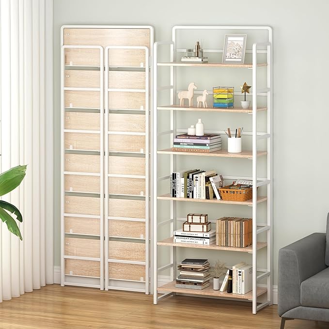 4NM No Assembly 6 Tiers Folding Bookshelf Storage Shelves Vintage Bookcase Standing Racks Study Organizer Home Office (Natural White)