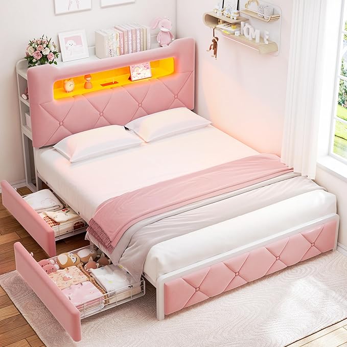 Queen Upholstered LED Bed Frame with 2 Storage Drawers and 2-Tier Storage Headboard,Velvet Princess Platform Bed with Charging Station & Bookcase,Heavy Duty Metal Support,No Box Spring Needed,Pink