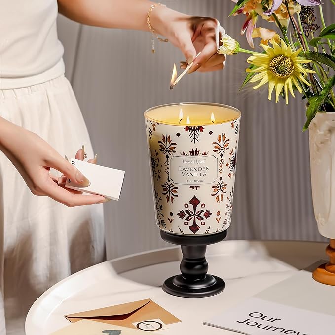 HomeLights Large jar Candle | 3-Wick Long-Lasting Scented Candles, 34oz Natural Soy Wax Candle for Home Scented, Bohemian Natural Textures Gifts for Women & Men, Lavender Vanilla