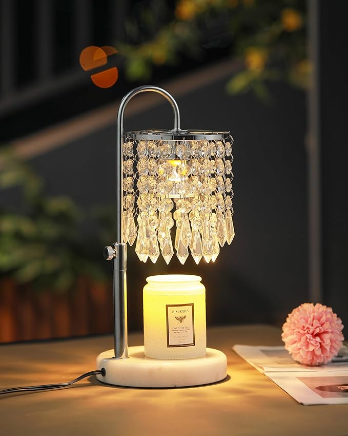 Candle Warmer Lamp with Timer Dimmer and 3 Bulbs, Candle Lamp Warmer with Marble Base for Adjustable Height, Crystal Candle Lamp for Jar Candles, House Warming Gifts Home Room Decor, Silver