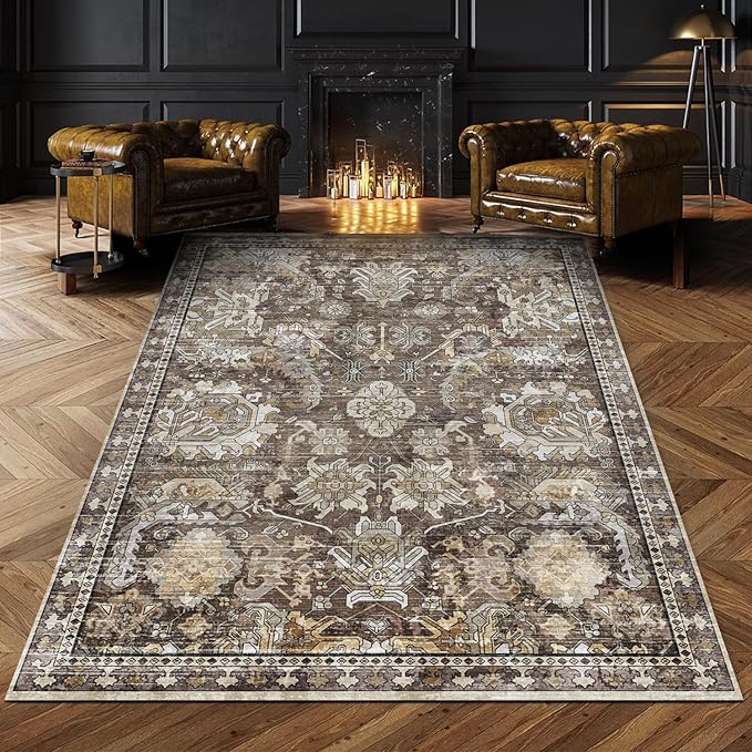 RUGSURE Washable Area Rugs - Perfect for Living Room, Bedroom, Kids Room, Nursery - Stain & Water Resistant Non-Slip, Pet & Child Friendly, Vintage Tribal Area Rugs (Ivory, 6' x 9')