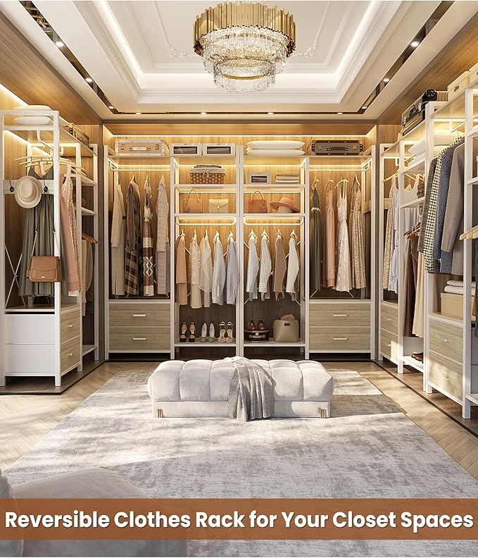 78.7'' Clothes Rack for Hanging Clothes - Reversible Clothing Rack with 2 Drawers, Heavy Duty Garment Racks with Shelves, 6 Tiers Freestanding Closet Wardrobe System with Hanging Hooks, White Oak