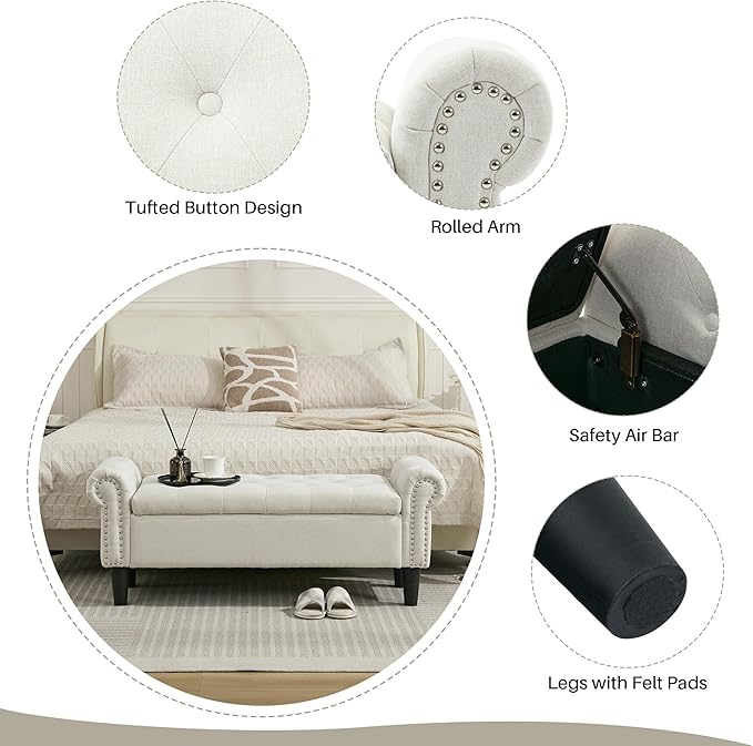 Storage Bench, 50" Queen End of Bed Bench, Linen Tufted Button Upholstered Bedroom Bench, Storage Ottoman with Rolled Arms, Window Bench with Storage, for Living Room, Entryway Beige