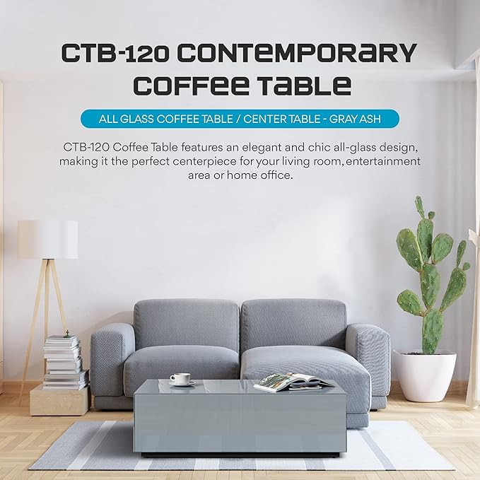 SONOROUS Premium Tempered Glass Coffee Table - Modern Gray Rectangular Coffee Tables for Living Room - High Gloss Fingerprint Resistant Mid Century Design - Stylish Living Room Furniture & Décor
