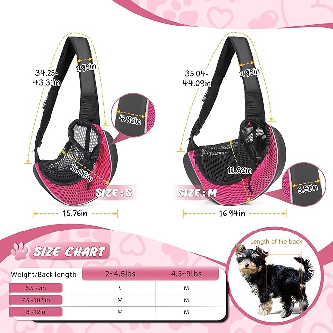Upgraded Breathable Mesh Dog Sling Carrier for Small Dogs & Cats Up to 10lbs-Detachable Hard Bottom,Adjustable Strap & Large Pocket-Hands-Free Pet Carrier for Women Travel Walking Hiking (Pink Size M)