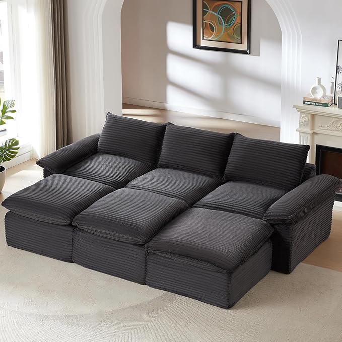 111" Cloud Sectional Couch, Corduroy Sectional Sofa with Ottoman, Boneless Couch with Deep Seat in a Box for Living Room, No Assembly Required (Dark Grey)