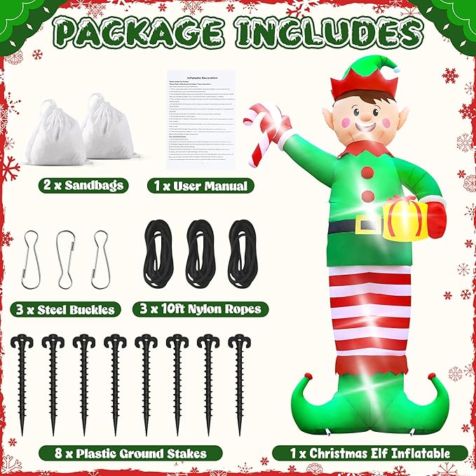 Christmas Inflatables, Giant 15 FT Christmas Elf Inflatable Outdoor Decoration, Blow Up Xmas Elf Holding Box, LED Lighted Holiday Yard Decorations for Lawn Garden Home Party Xmas Winter Decor