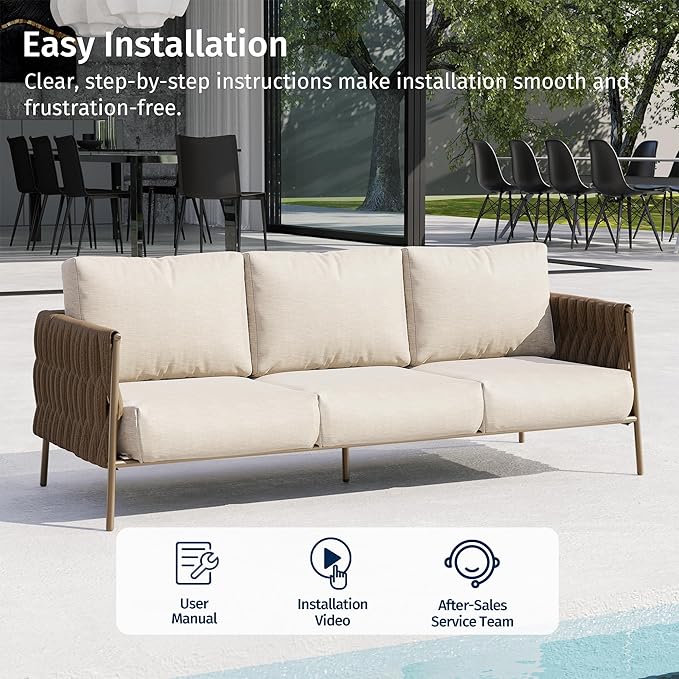 East Oak Life Chatter Outdoor Patio Furniture | Outdoor Sofa 3 Seats with Waterproof Thick Cushions | Deep Seating Modern Patio Sofa for Garden, Porch, Balcony & Backyard | Chestnut & Apricot