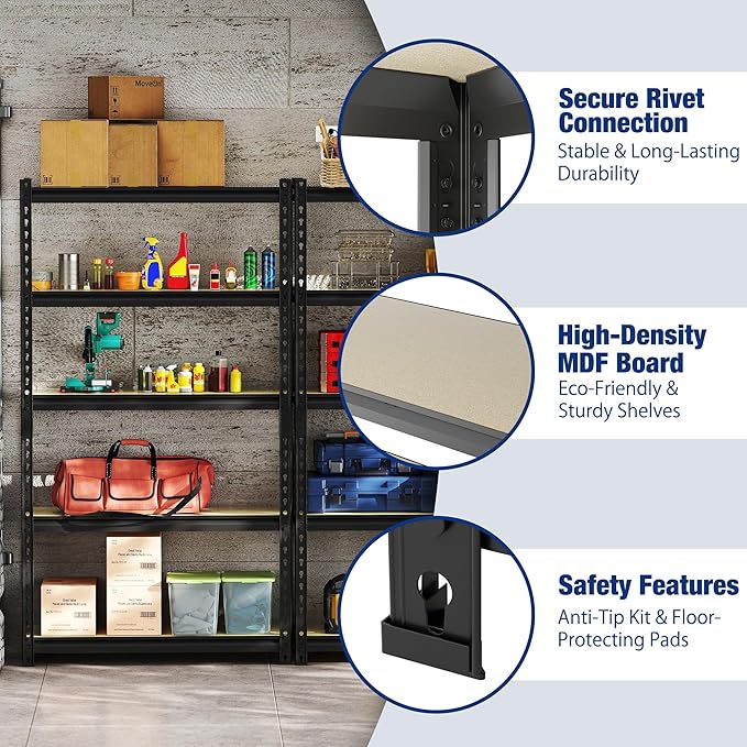 WORKPRO 5-Tier Storage Shelf, 72" H Heavy Duty Adjustable Garage Shelving Unit 2180LBS Capacity, for Basement, Kitchen, Pantry, 27.6”Wx11.8”Dx60”H, Black