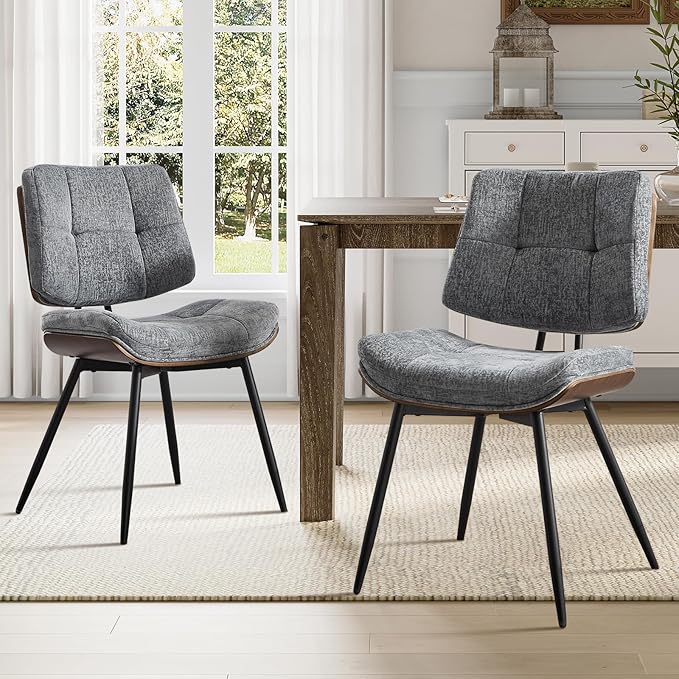 Dining Chairs Set of 4,Mid Century Modern Kitchen Chairs with Walnut Bentwood Back and Metal Legs,Upholstered Fabric Dining Room Chairs for Kitchen, Living Room,Grey