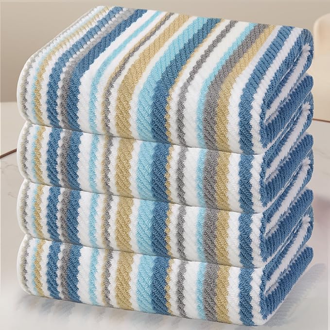 Striped Bath Towels Set (4PC, 28"x52") - 100% Cotton | Quick Dry | Soft | Absorbent, Luxury Bath Towels with Hanging loops, Light Weight Towels for Showering & Bathroom, Blue + Gray + Beige Stripes