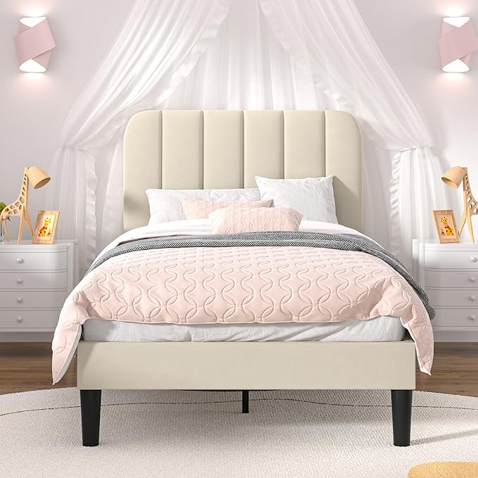VECELO Twin Size Bed Frame with Upholstered Headboard, Velvet Platform Bedframe Mattress Foundation, Strong Wood Slat Support, No Box Spring Needed,Velvet Beige