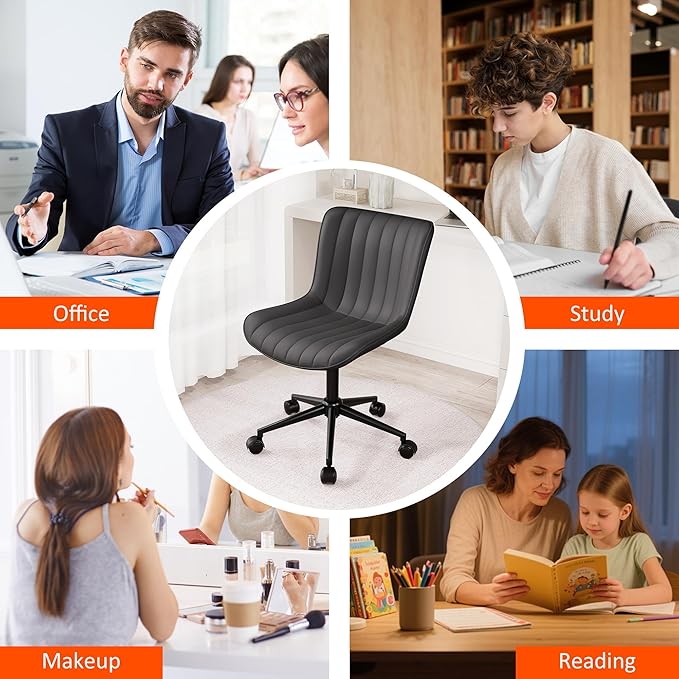 Kidol & Shellder Black Leather Home Office Desk Chair with Wheels Modern Cute Armless Executive Swivel Vanity Chair with Comfy Padded Back Ergonomic Rolling Adjustable Computer Task Chair Small