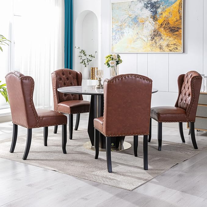 DUOMAY Modern Tufted Dining Chairs Set of 2, PU Leather Upholstered Dining Room Chairs Armless Guest Side Chair for Kitchen Dining Room, Wingback Accent Chairs with Solid Wood, Brown