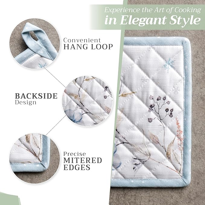 Maison d' Hermine Pot Holders 100% Cotton Heat Resistant Potholders 8" x 8" Hot Pads with Loop for Thanksgiving Christmas Decorations BBQ Cooking Baking Handling Hot Pans (Pack of 1, Ice Florals)