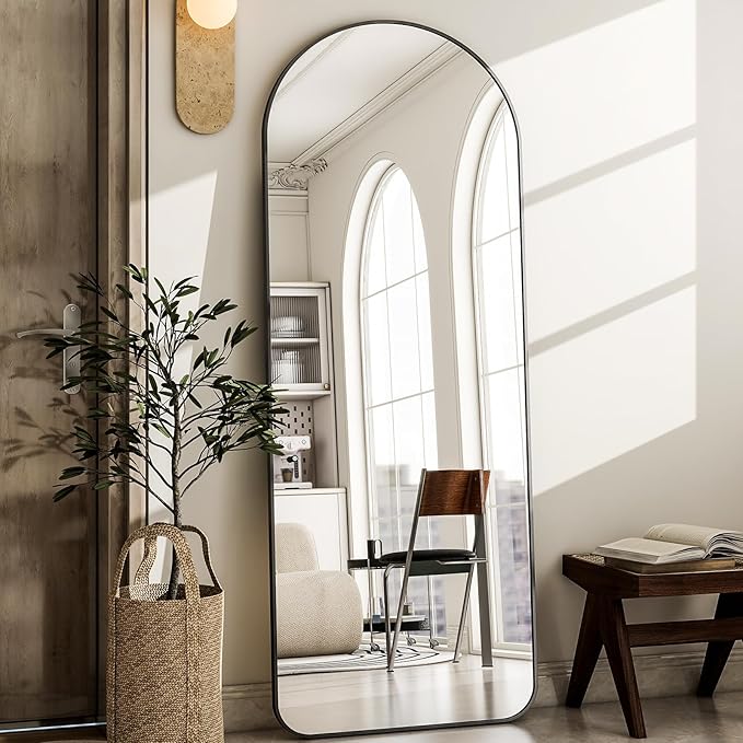 HARRITPURE Arched Full Length Mirror - 64"x21" Large Floor Standing Mirror, Aluminum Frame Dressing Mirrors with Stand for Bedroom/Living Room Wall Mounted, Black