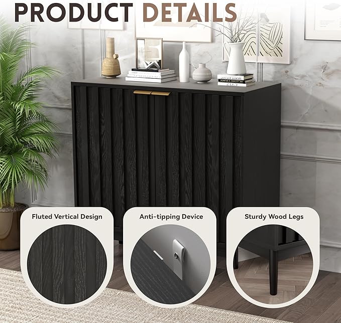 Fluted Cabinet with Storage, Buffet Cabinet Sideborad with Door, Kitchen Buffet Storage Accent Cabinets with Adjustable Shelves for Living Room, Entry, Hallway, Black