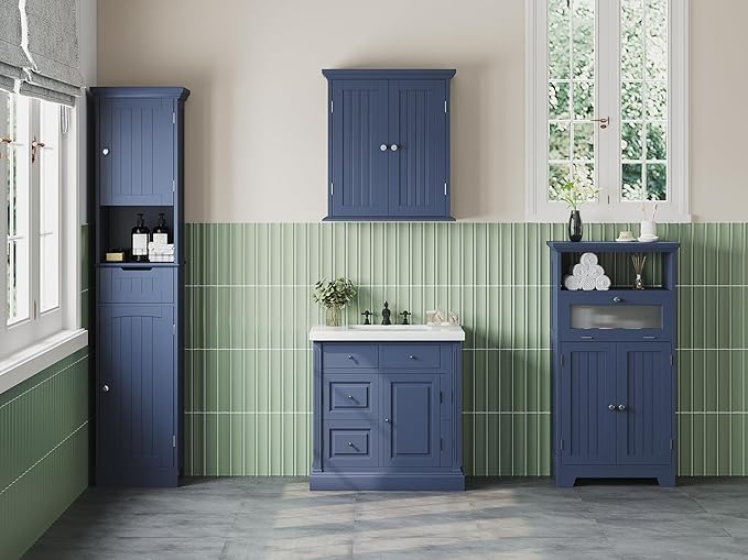 ChooChoo Bathroom Floor Storage Cabinet with Flip Glass Drawer, Freestanding with 2 Doors, Adjustable Shelf & 1 Open Storage for Living Room, Hallway, Navy Blue