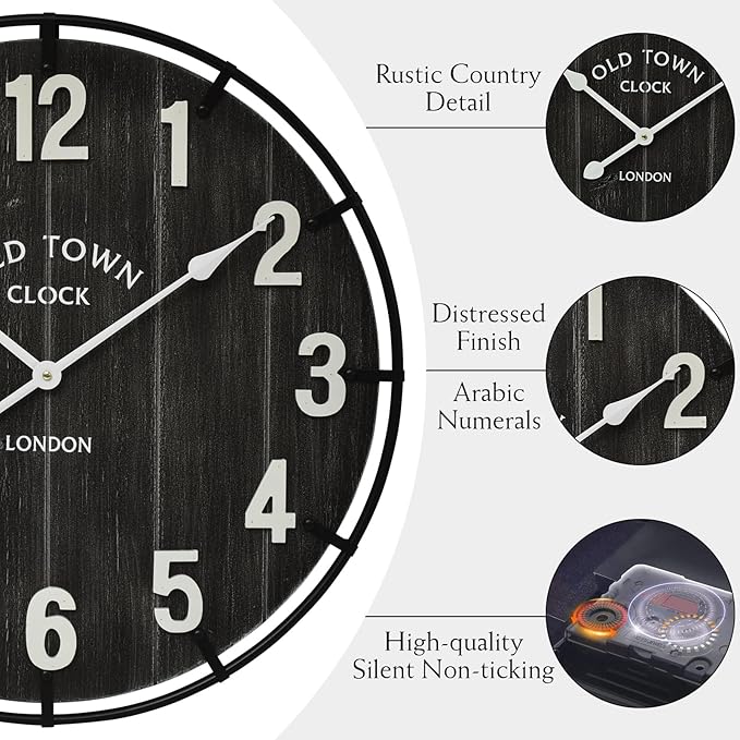 Large Old Town Farmhouse Black Wall Clock 24 Inch Rustic Antique Wood with Metal Circle and Large Numerals Silent Battery Operated Wall Clock for Office Kitchen Bedroom Living Room