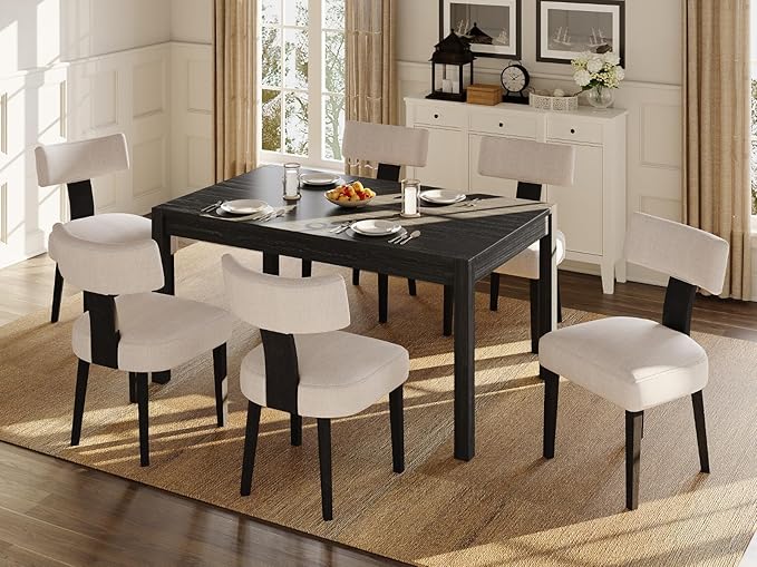 Modern Upholstered Dining Chairs Set of 6, Mid Back, Farmhouse Beige Dining Room & Kitchen Chairs, Black Wood Armless Side Chair for Living Room/Home Office/Reception