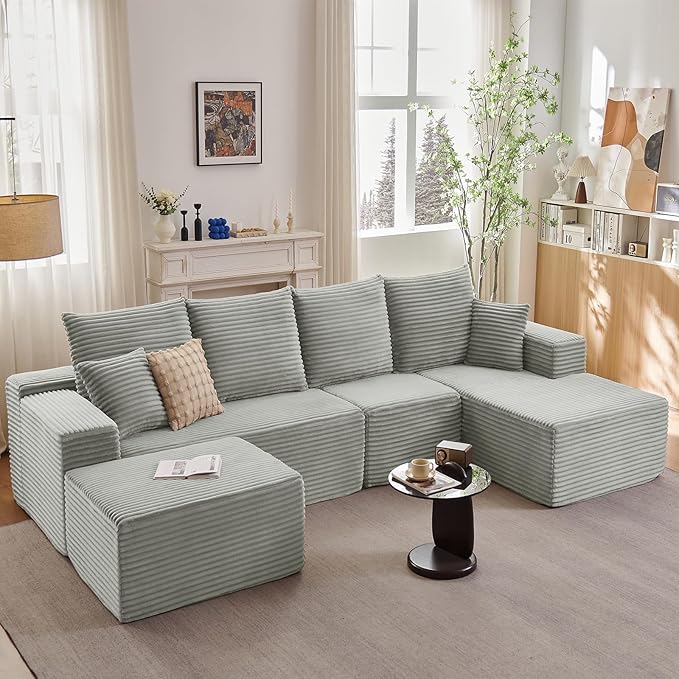 135" U-Shape Cloud Couch, Modern Modular Sectional Comfy L-Shape Sofa with Ottoman, Deep Seat, Upholstered Corduroy Sleeper Chaise Longue for Living Room Bedroom, No Assembly Required, Grey