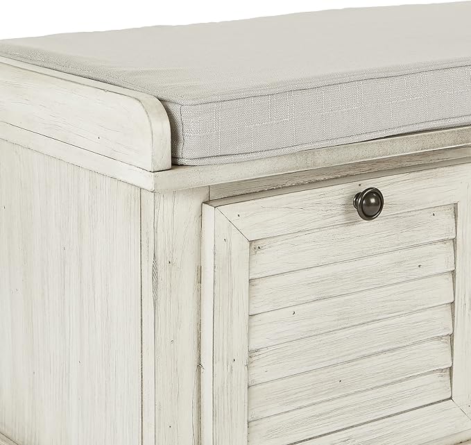 OSP Home Furnishings Dover Coastal Lift-Top Storage Bench with Shutter Face Styling, White Wash Finish with Off-White Fabric Cushion