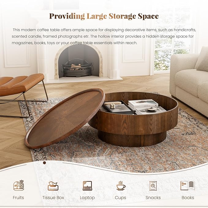 Round Wood Coffee Table with Storage, 30.7" Modern Circle Coffee Table with Removable Lid, Rustic Drum Center Table Handcraft Accent Table for Living Room Small Space Apartment Office (Brown)