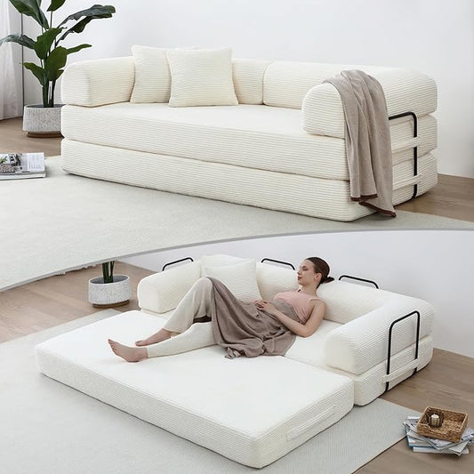 Compression Sofa - 79'' Convertible Sofa Bed, Boneless Couch in a Box, Modular Corduroy Foldable Sleeper Sofa with 2 Pillows, Loveseat Couches for Living Room (Corduroy Fabric, White)