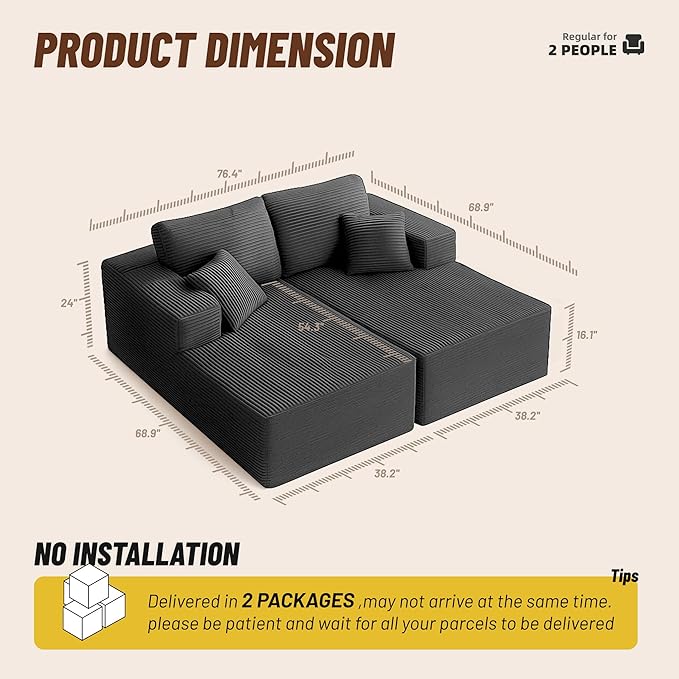 Chaise Lounge Chair, Boneless Couch for Living Room and Bedroom, Sleeper Couches Reading Chairs, Corduroy, Grey