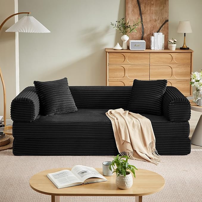 Boneless Couch Sofa Bed Sectional Couches for Living Room,Futon Cloud Couch with Sleeper Sofa,Sofas for Living Room Oversized Corduroy Upholstered (Black)
