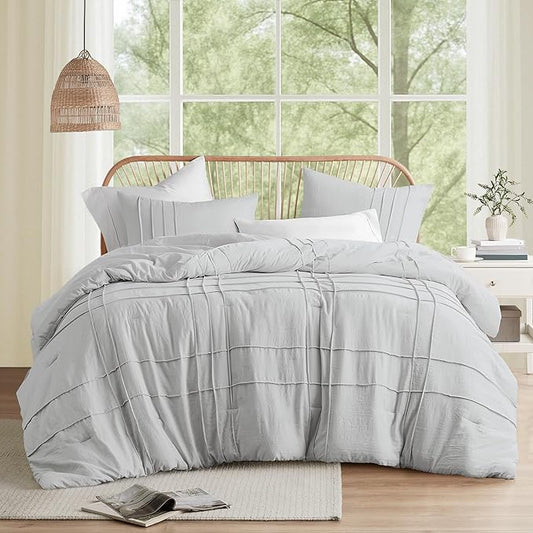 Comfort Spaces Silver Cal King Size Comforter Set - 3 Pieces Pintuck Pleated Bedding Sets, All Season Lightweight, Extra Softness Pre-Washed Microfiber Cal King Bed Set, Shams, Cal King
