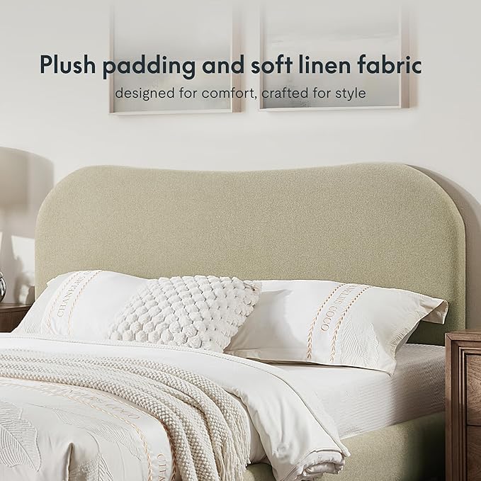 FlexiSpot Queen Size Linen Bed Frame, Upholstered Cloud Platform Bed with Adjustable Headboard, Plush Padding, Solid Wood Legs, Bonus LED Wall Light Included, No Box Spring Needed, Easy Assembly, Sage