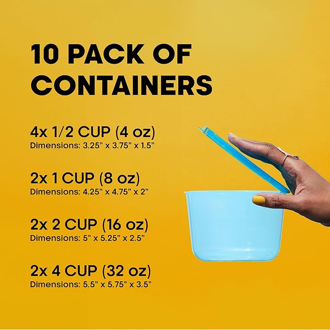 Premium Attached Food Storage Containers, Permanently Attached Plastic Lid, Never Lose & Space Saving Organization (10 Pack)