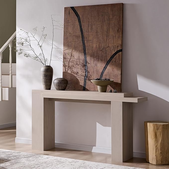 OKD 63 Inch Modern Entryway Console Table, Solid Geometry Accent Sofa Table Behind The Couch, Narrow Console Table for Entryway, Hallway, Living Room, Foyer, White Alder