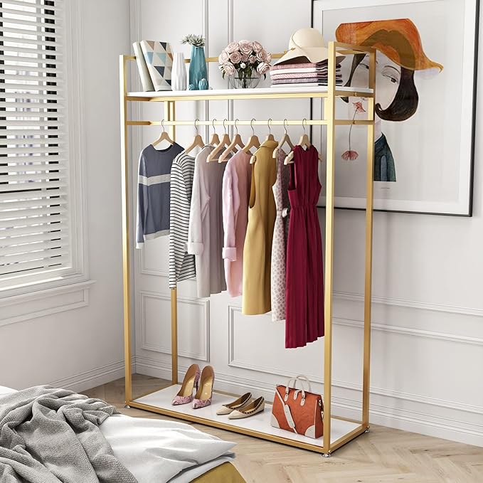 Heavy Duty Clothing Rack with Shelves for Hanging Clothing, Gold Metal Freestanding Garment Rack for Retail Display (47.24" L)