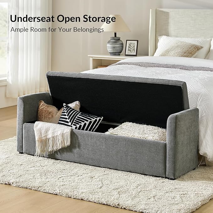 HULALA HOME Modern Storage Bench with Throw Pillows, 59.4" Extra Long Bedroom Ottoman Bench for End of Bed, Comfy Upholstered Footstool for Entryway Dining Room Living Room, Charcoal