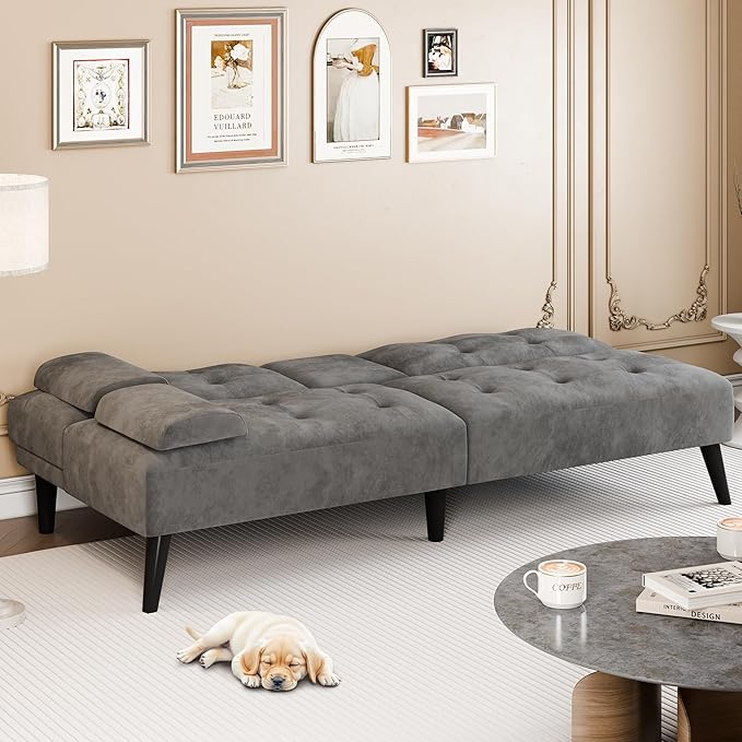 Meilocar Small Futon Sofa Bed Couch, Modern Convertible Sofa Couch, 64 in Recliner Sofa Bed for Living Room, Office, 2 Armrest Pillows, 2 Cup Holders, Dark Grey