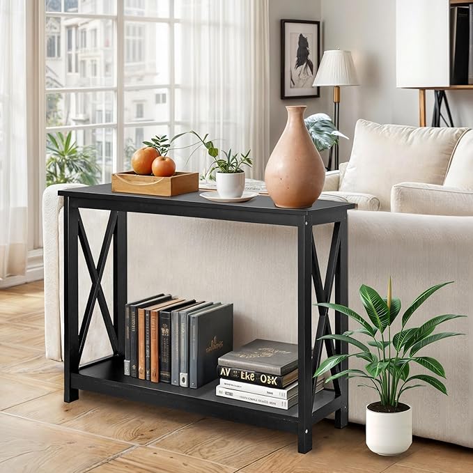 SUPER DEAL Console Table 39.5”, 2-Tier Narrow Sofa Side Table with Storage Shelf, Entrance Table for Hallway/Foyer/Living Room/Corridor/Office, Black