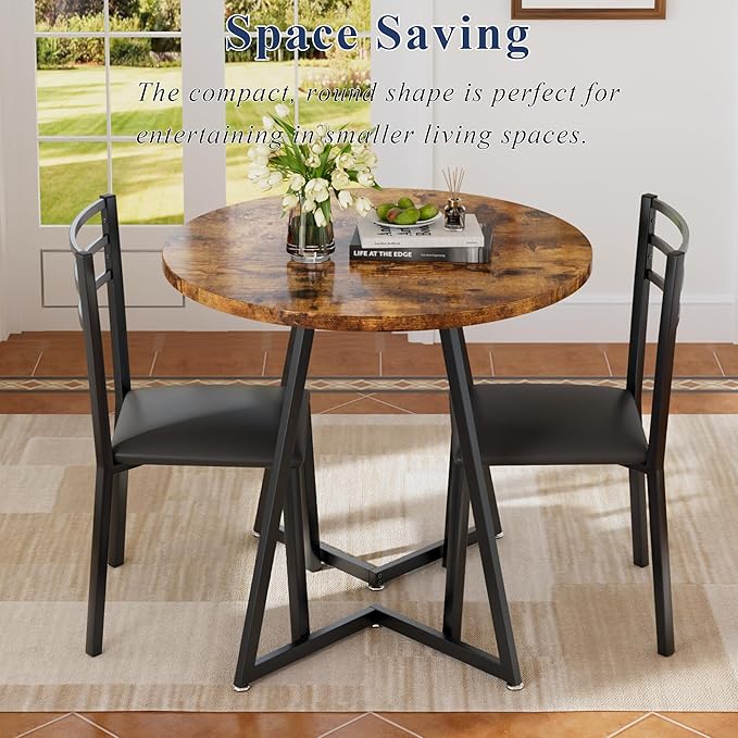 VECELO Small Round Kitchen Table with 2 Upholstered Chairs, 3-Piece Wood Dinette Sets with Steel Frame for Breakfast Nook, Dining Room, and Small Space, Brown