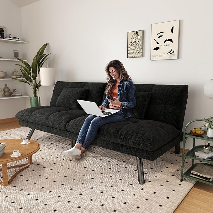 Futon Sofa Bed Convertible 70 inch Solid Wood Couch for Living Room, Chenille Fabric, 2 Cushions (Black)