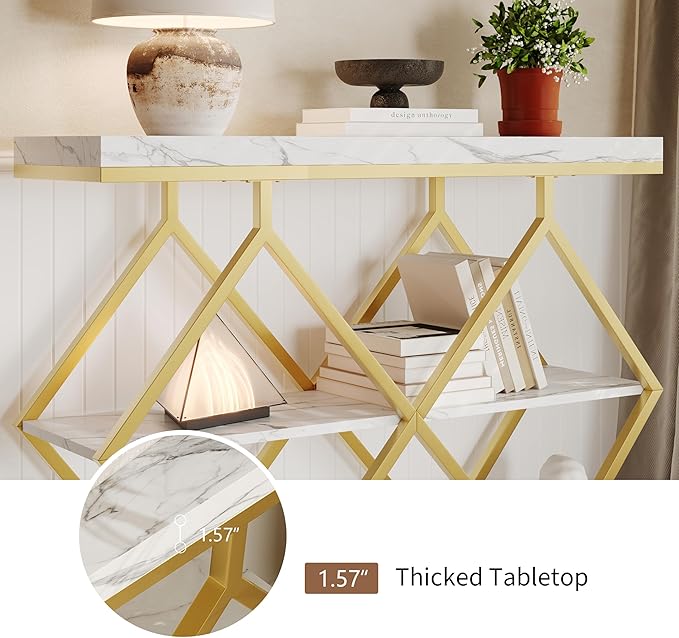Garvee 3-Tier Entryway Table, Industrial Console Sofa Table with Storage, Accent Table with Open Shelves, Diamond-Shaped Metal Frame, Foyer Table for Entryway, Hallway, White