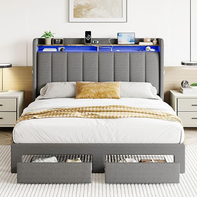 SHA CERLIN Full Size Platform Bed Frame with Vertical Channel Tufted Wingback Headboard & 2 Storage Drawers/2-Tier Shelves with LED Lights & Charging Station/Noise-Free/No Box Spring Needed/Dark Grey