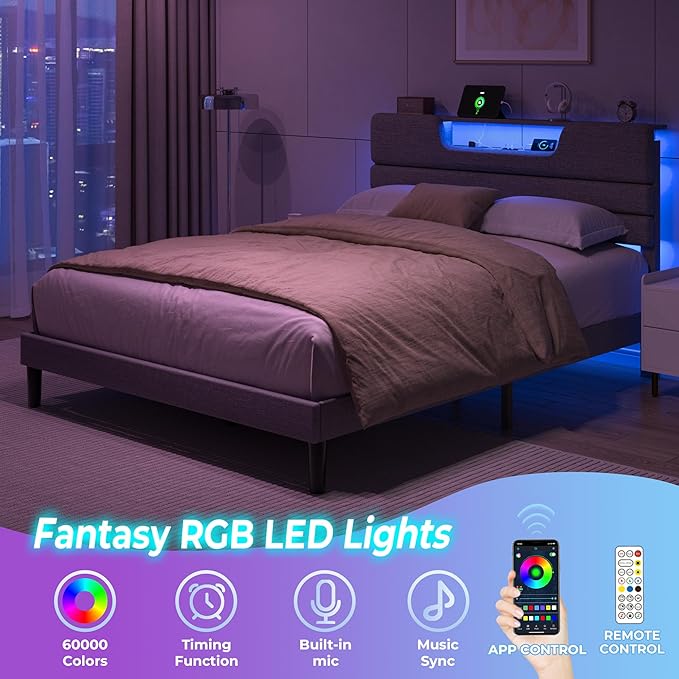 Queen Size Bed Frames with Upholstered Headboard, Modern Platform Bed with Charging Station and Led Lights, Bed Frame with Sturdy Wooden Slats/No Box Spring Needed/2-Tier Storage, Grey