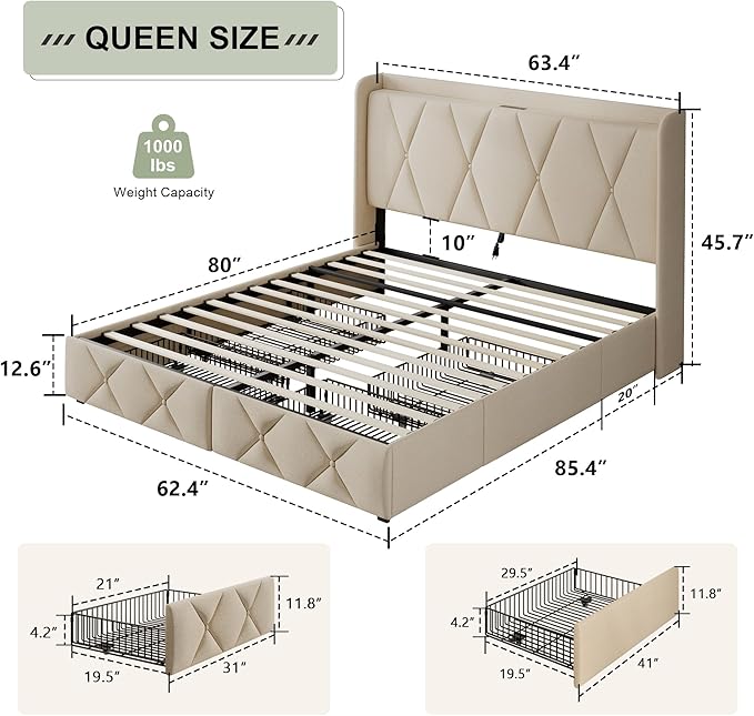 Feonase Queen Bed Frame with 4 Storage Drawers, Upholstered Button Tufted 4" Storage Headboard with Fast Charging Station, Heavy Duty Slats Support, No Box Spring Needed, Noise-Free, Beige